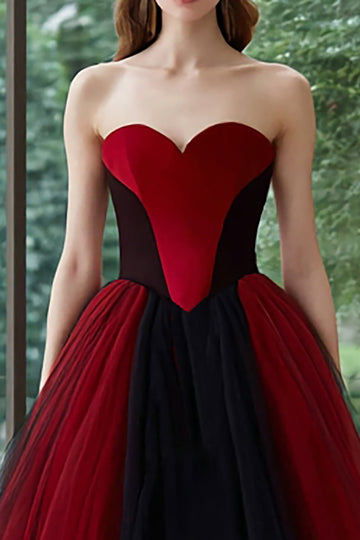 Black and Red Sweetheart A-Line Tulle Maxi Prom Dress